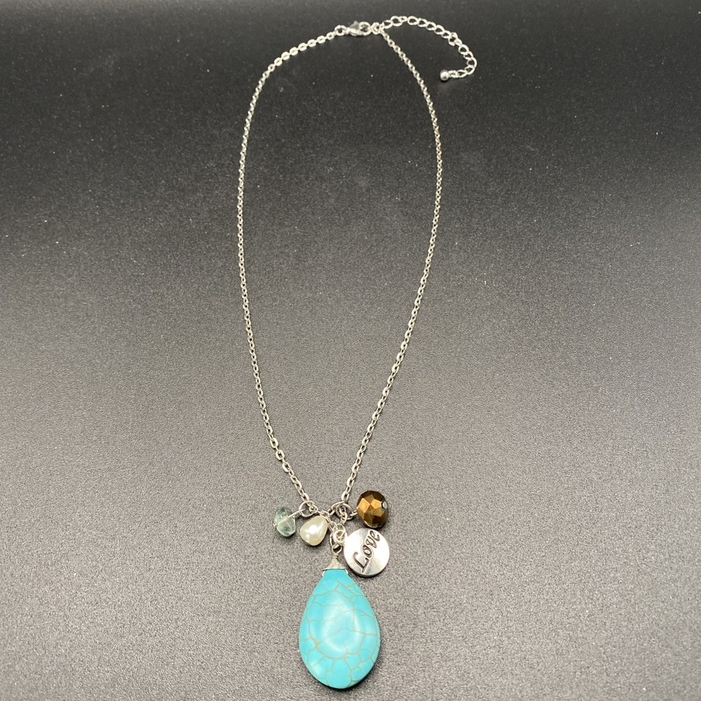 Unsigned Silver Tone Drop Necklace Boho Faux Turquoise 12.25"